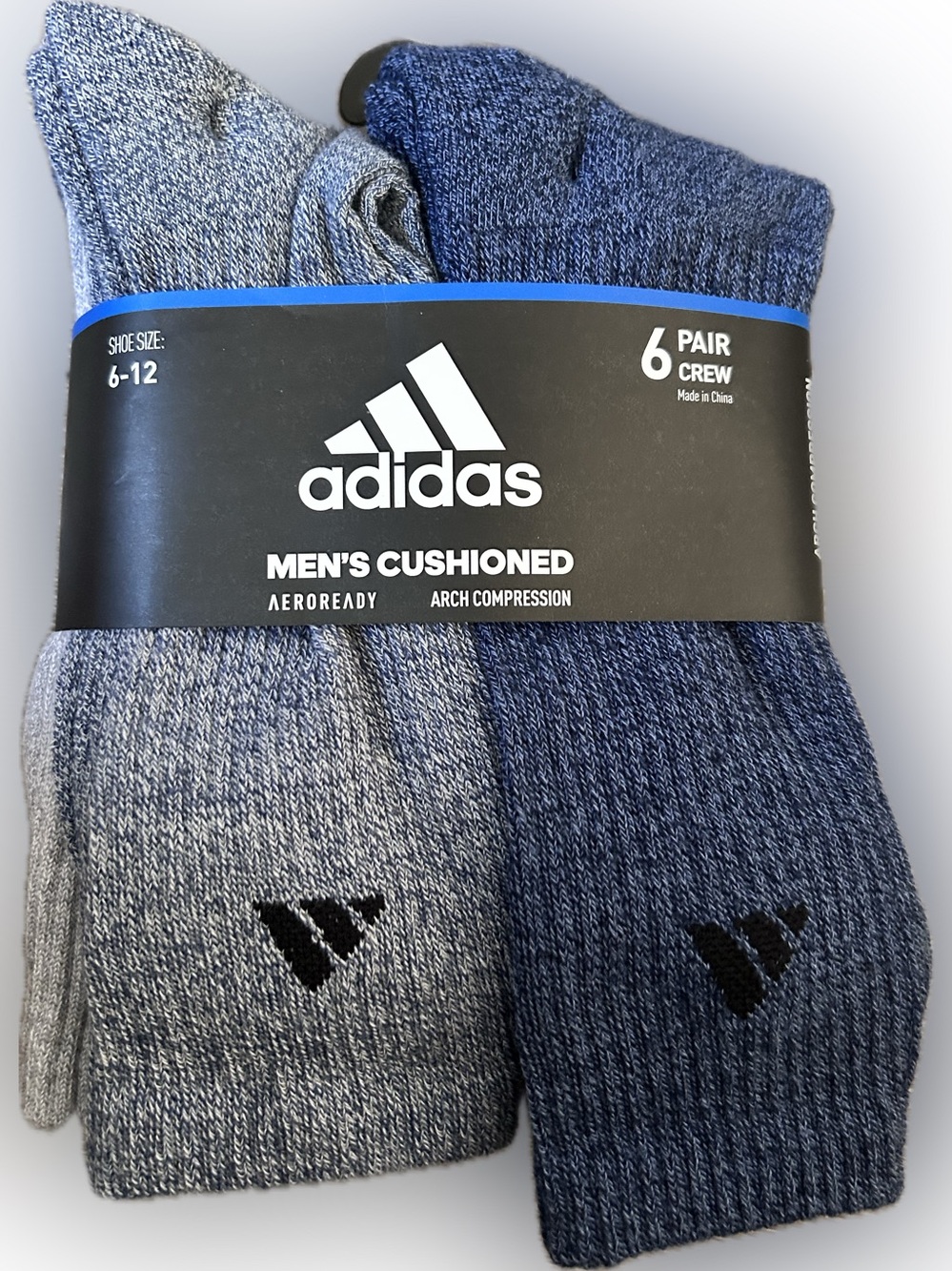 adidas Men's Cushioned Crew Socks - Blue & Gray Mix (6 Pack)